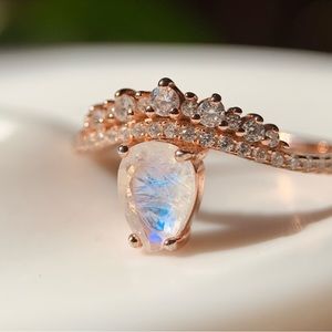 NEW 💍 Moonstone rose gold 925 sterling silver ring pear shape